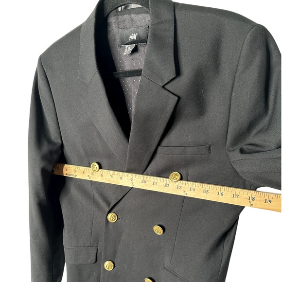 NEW! H&M Men's 34R Double Breasted Old Money Blazer Jacket Gold Buttons Black - Picture 6 of 9